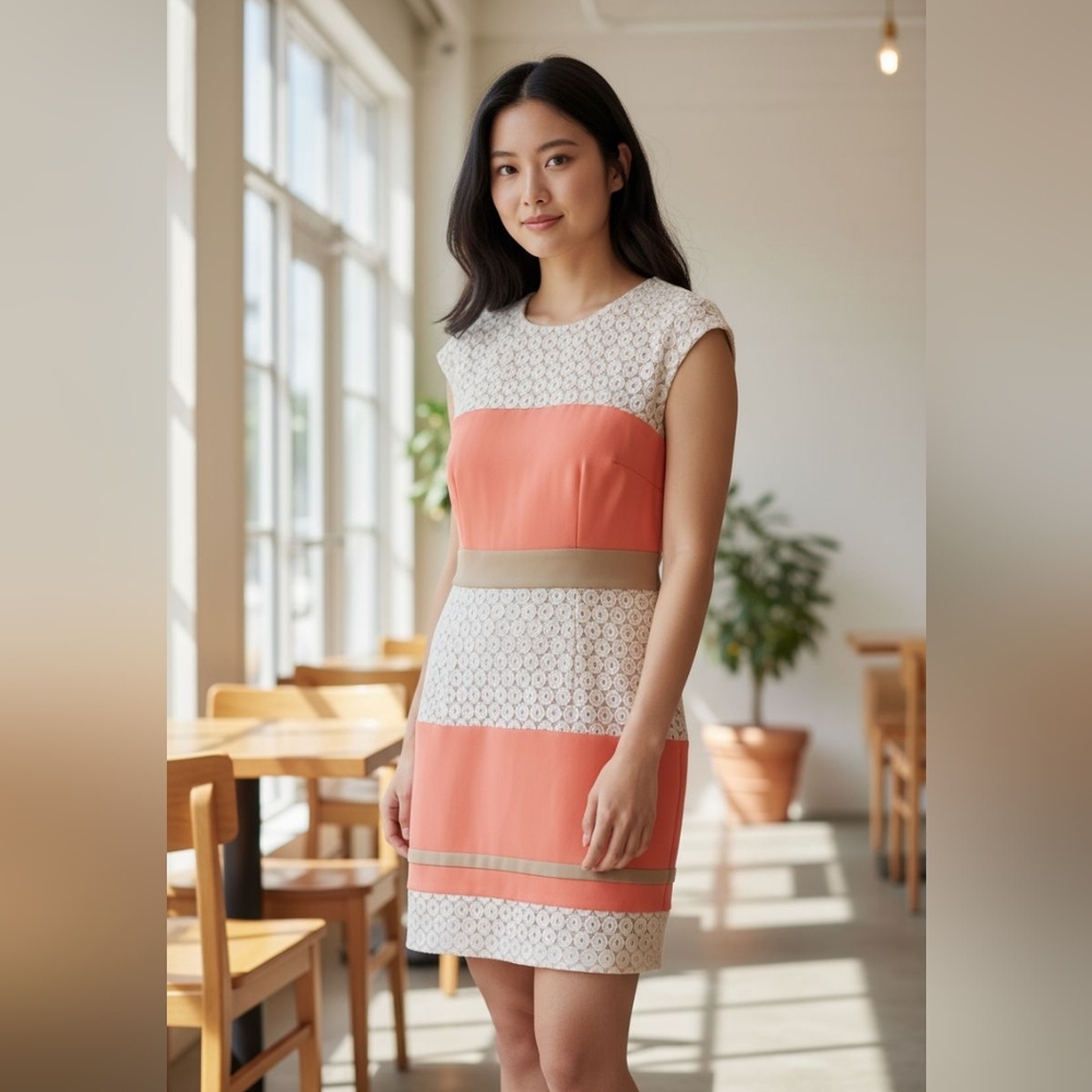 NWT- Studio One Coral and Beige Lace Patterned Midi Dress